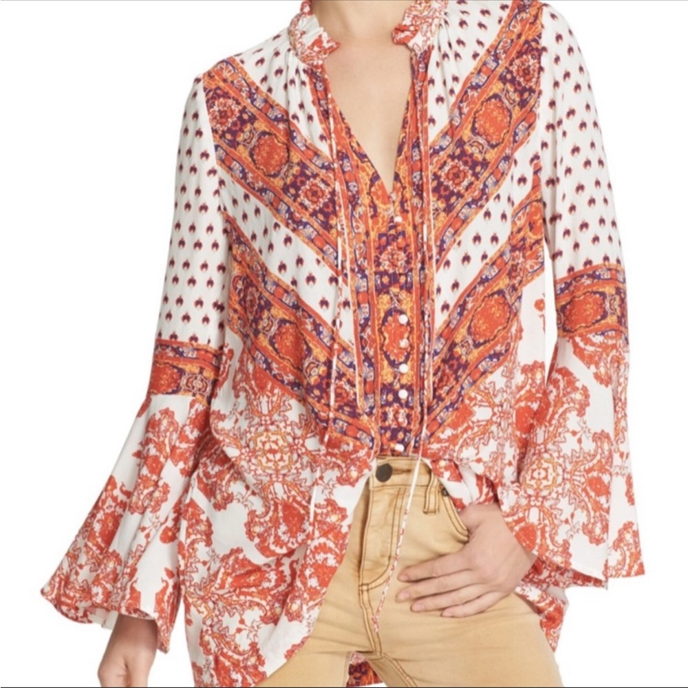 Free People Bohemian  Button Down Blouse Long Bell Flare Sleeve Top Size…